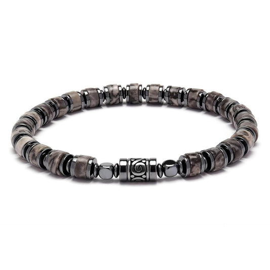Unakite & Hematite Barrel Bead Bracelet | 4mm Cylinder Beads | Gunmetal Magnetic Clasp | Boho Men's Gift