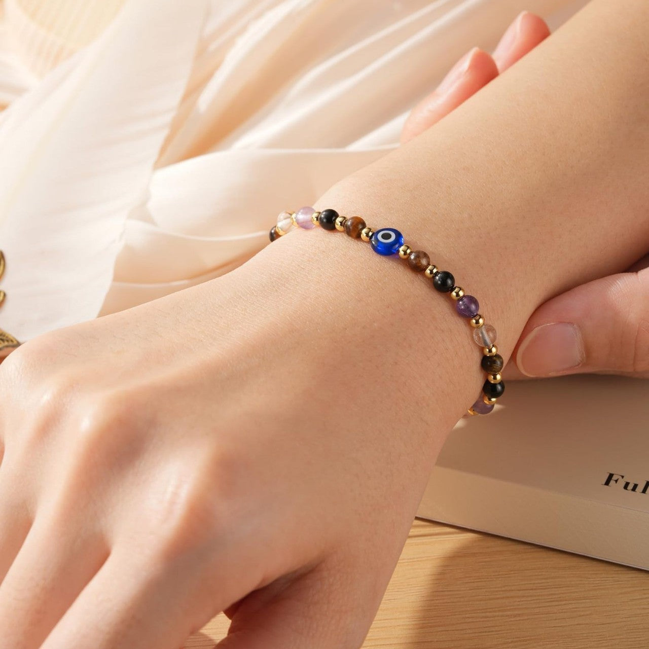 Evil Eye Fivefold Protection Bracelet | 5 Natural Crystals | Adjustable Wax Rope | Spiritual Gift