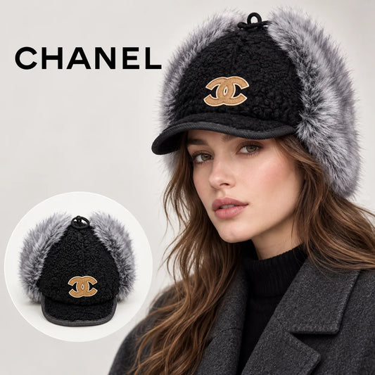 Chanel earflap cap worn by an adult female model, with product detail inset.