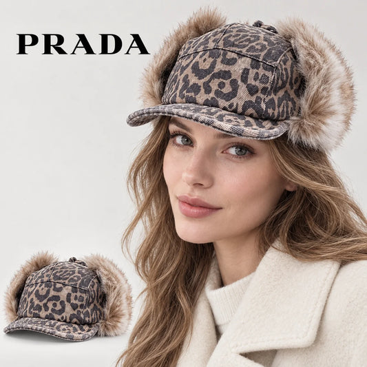 Prada earflap cap worn by an adult female model, with product detail inset.