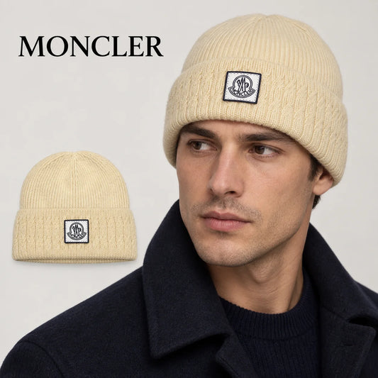 Moncler beanie worn by an adult male model, with product detail inset.
