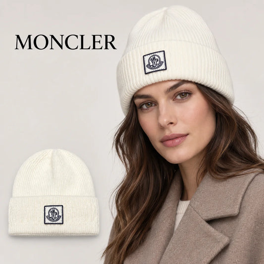 Moncler beanie worn by an adult female model, with product detail inset.