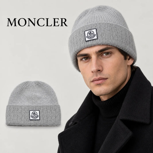 Moncler beanie worn by an adult male model, with product detail inset.