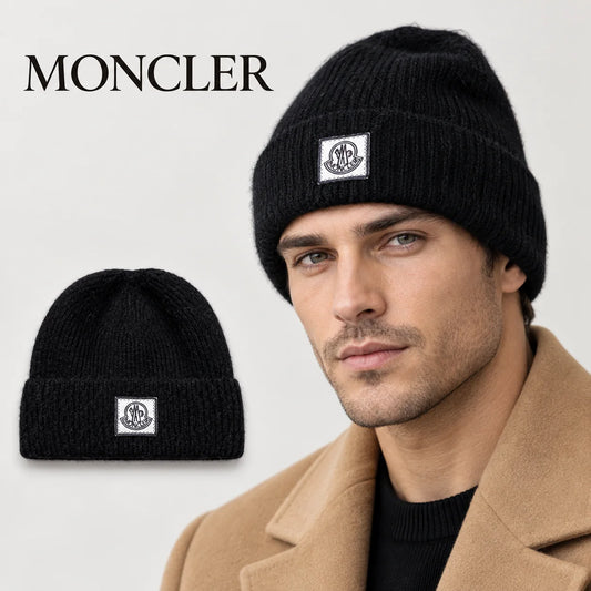 Moncler beanie worn by an adult male model, with product detail inset.