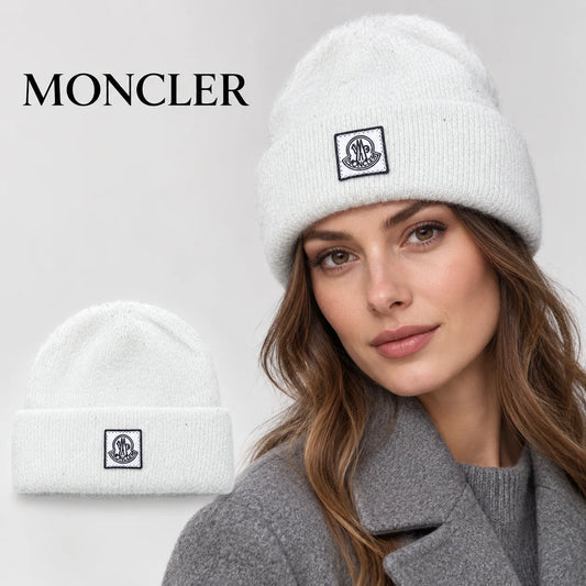 Moncler beanie worn by an adult female model, with product detail inset.