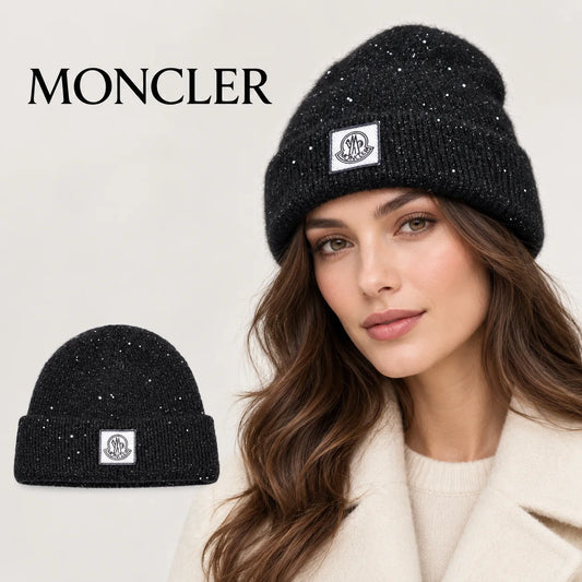 Moncler beanie worn by an adult female model, with product detail inset.