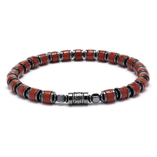 Unakite & Hematite Barrel Bead Bracelet | 4mm Cylinder Beads | Gunmetal Magnetic Clasp | Boho Men's Gift