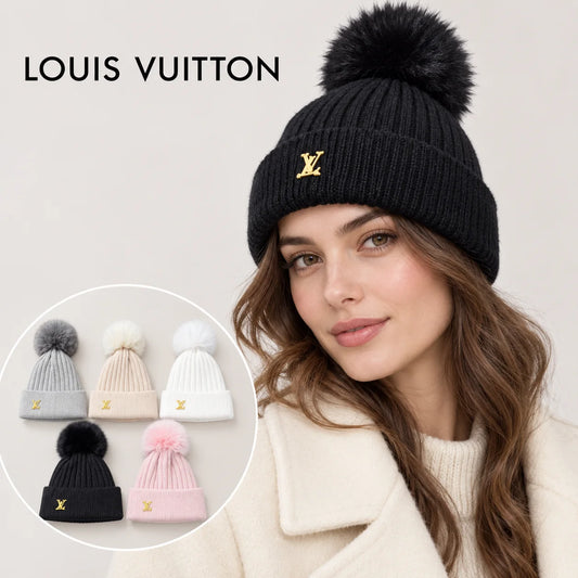 Louis Vuitton beanie worn by an adult female model, with product detail inset.