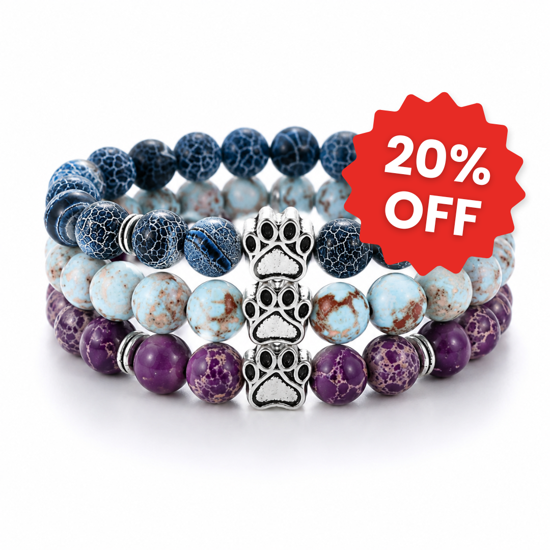 Ocean, Lagoon & Mystic Natural Stone Bead Bracelet Trio | Paw Charm | Rescue Charity