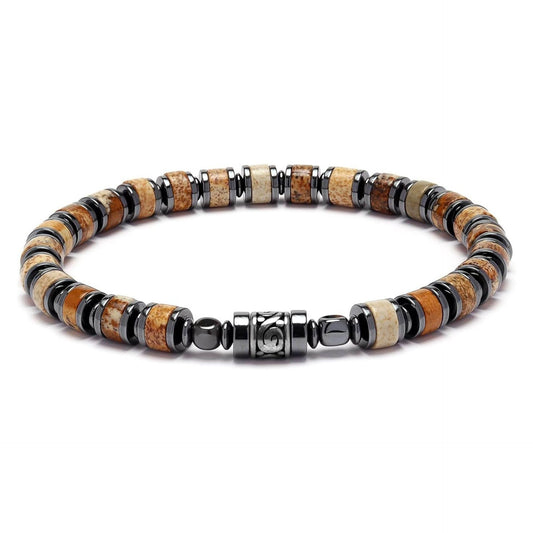 Unakite & Hematite Barrel Bead Bracelet | 4mm Cylinder Beads | Gunmetal Magnetic Clasp | Boho Men's Gift