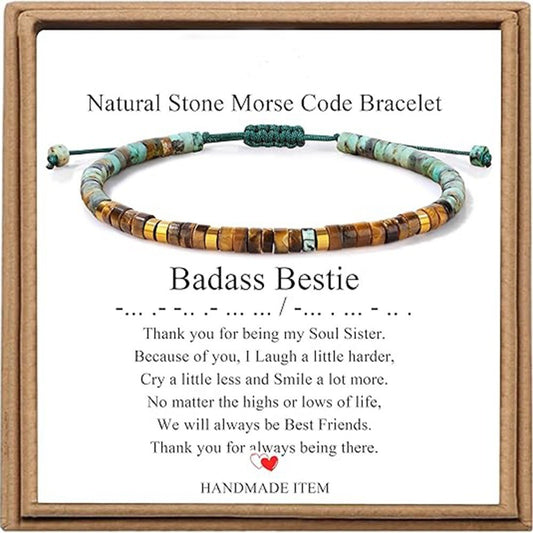 Badass Teacher Morse Code Bracelet | African Turquoise & Tiger Eye Heishi Beads | Teacher Appreciation Gift