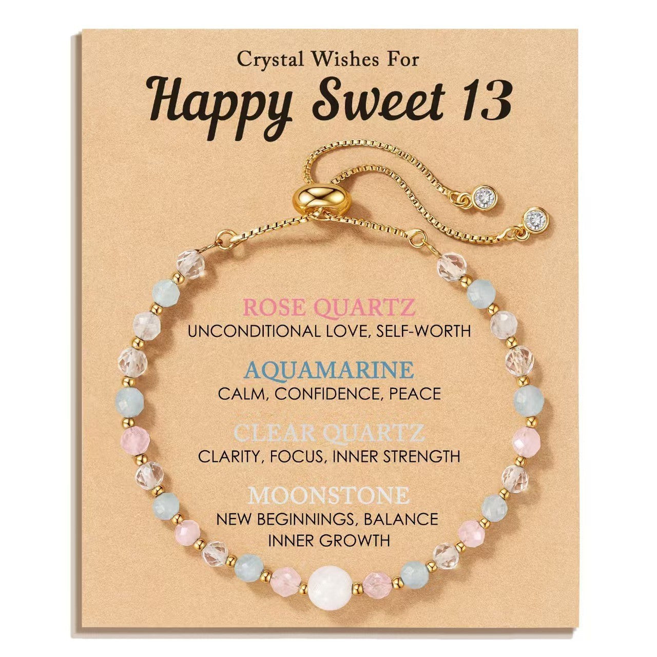 Crystal Wishes for Granddaughter Bracelet | Rose Quartz Aquamarine Moonstone | Gold Adjustable | Meaningful Gift