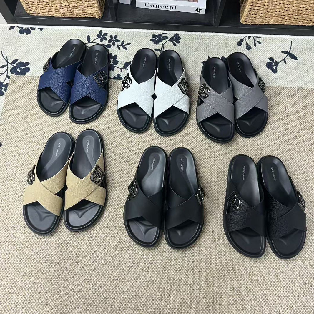 D*G  Premium Leather Casual Slippers - Designer Men's Slides in 5 Colors