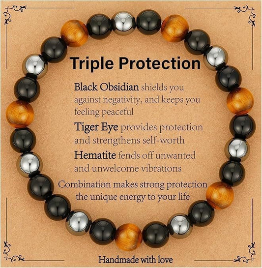 Triple Protection Bracelet | Black Obsidian Tiger Eye Hematite | 8mm Natural Stone | Spiritual Shield Gift