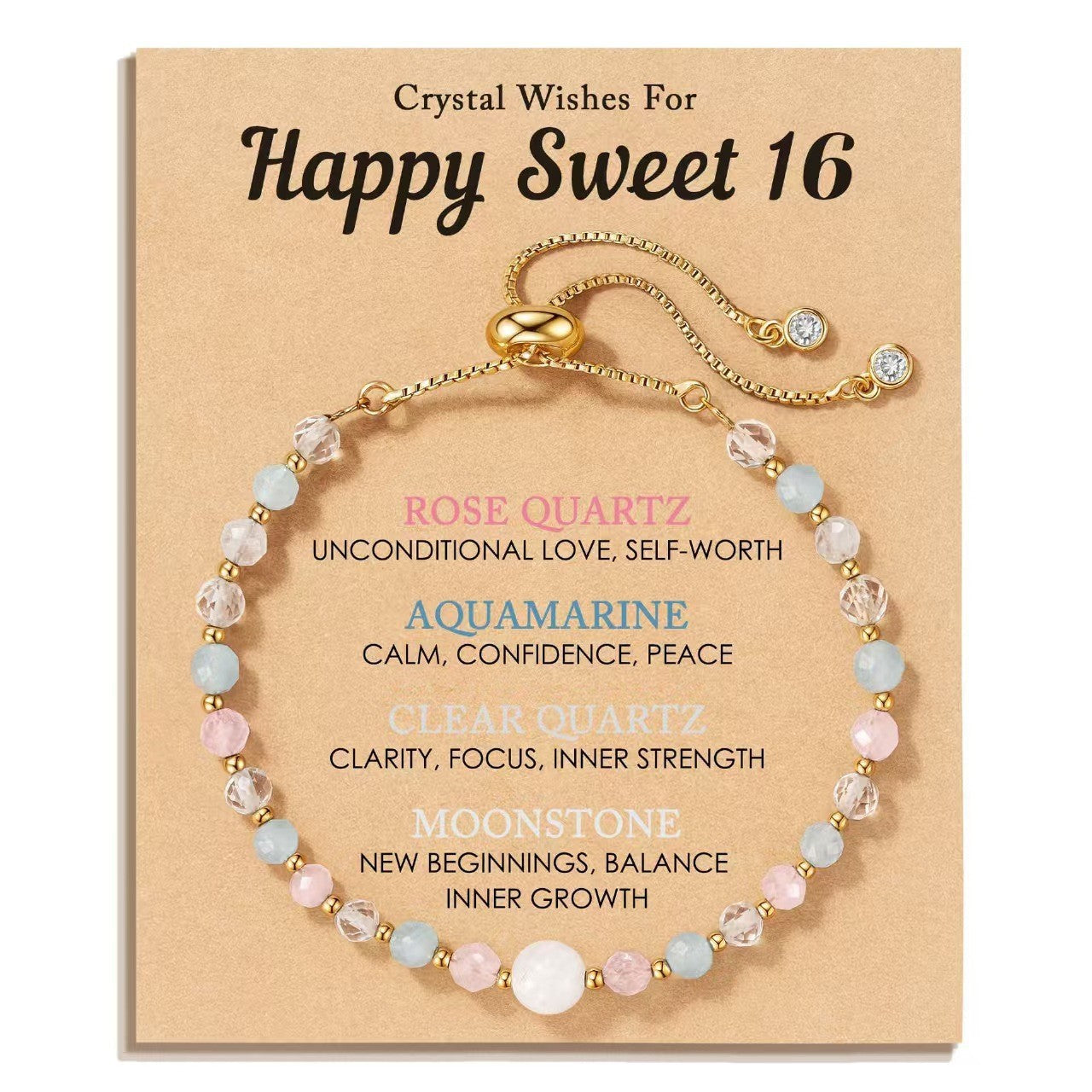 Crystal Wishes for Granddaughter Bracelet | Rose Quartz Aquamarine Moonstone | Gold Adjustable | Meaningful Gift
