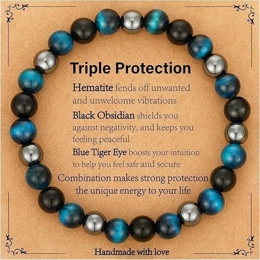 Triple Protection Bracelet | Black Obsidian Tiger Eye Hematite | 8mm Natural Stone | Spiritual Shield Gift