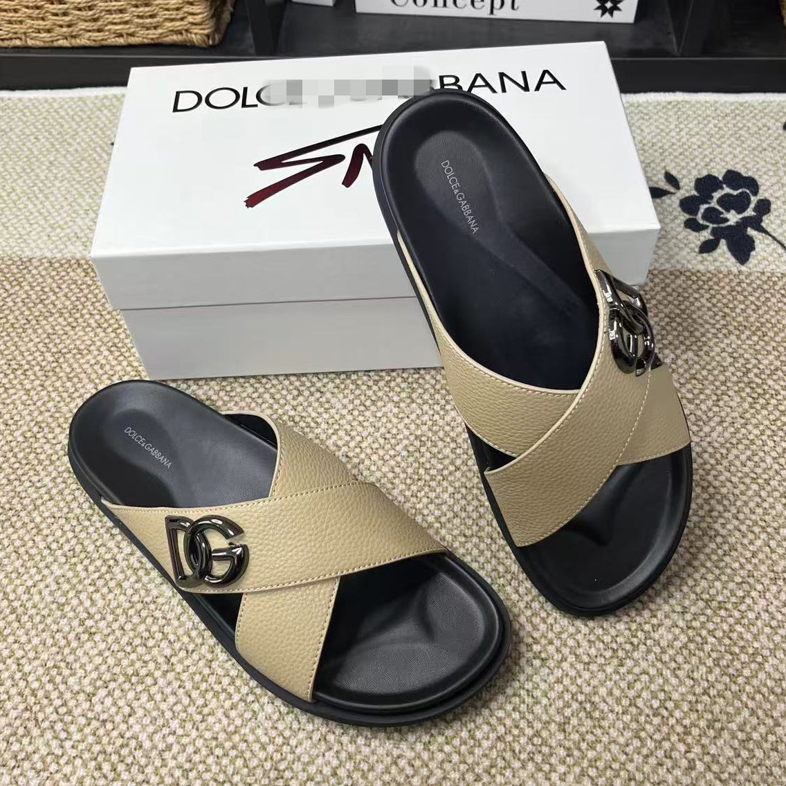 D*G  Premium Leather Casual Slippers - Designer Men's Slides in 5 Colors