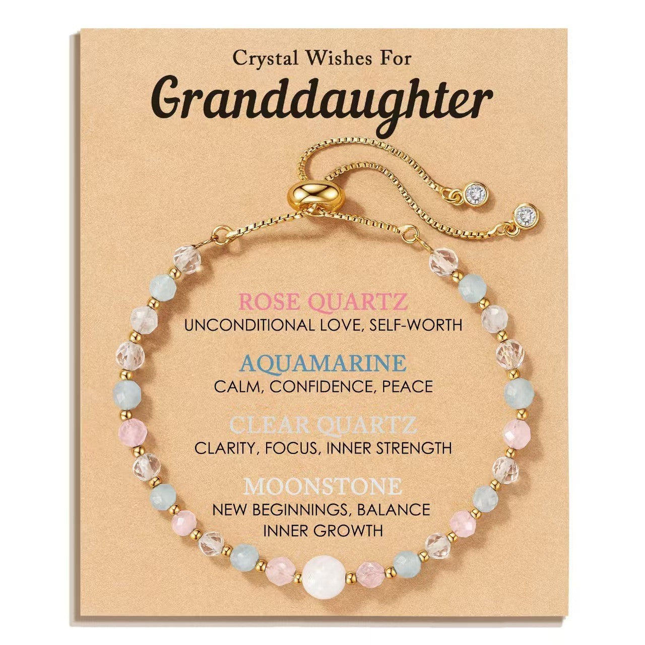 Crystal Wishes for Granddaughter Bracelet | Rose Quartz Aquamarine Moonstone | Gold Adjustable | Meaningful Gift