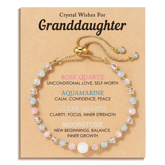 Crystal Wishes for Granddaughter Bracelet | Rose Quartz Aquamarine Moonstone | Gold Adjustable | Meaningful Gift
