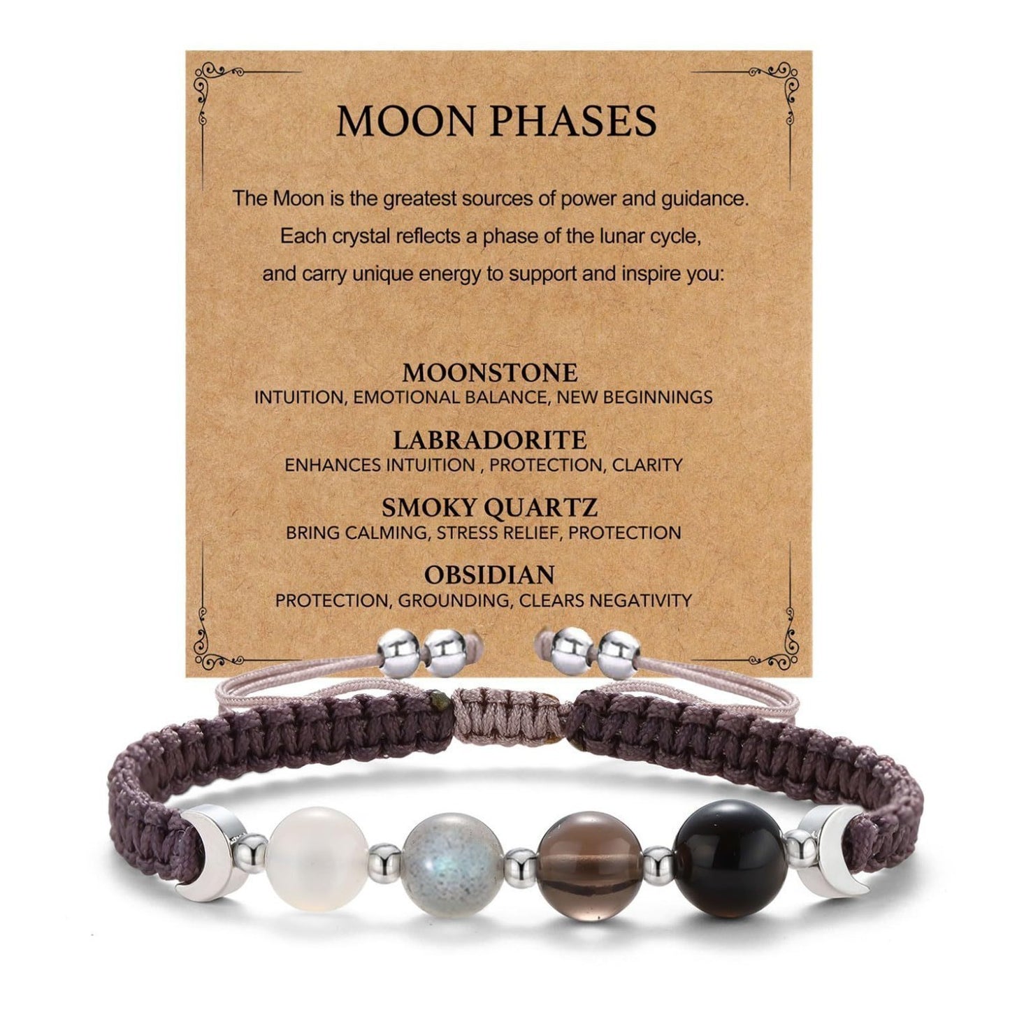 New Moon New Beginnings Bracelet | Moonstone Labradorite Black Obsidian | Crescent Moon Charm | New Chapter Gift