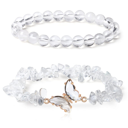 Double Layer Pink Crystal Bracelet Set | Rose Quartz Bead & Chip Stone | Gold Butterfly Charm | Coquette Gift