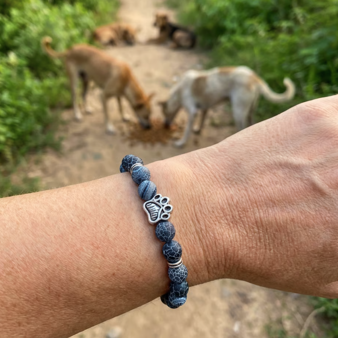 Ocean Deep Blue Sandstone Bead Bracelet | Silver Paw Charm | Gift Box & Dog Stickers | Rescue Charity