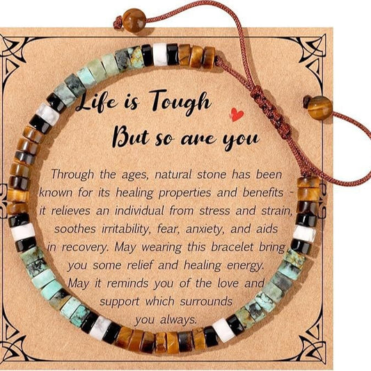 Badass Teacher Morse Code Bracelet | African Turquoise & Tiger Eye Heishi Beads | Teacher Appreciation Gift