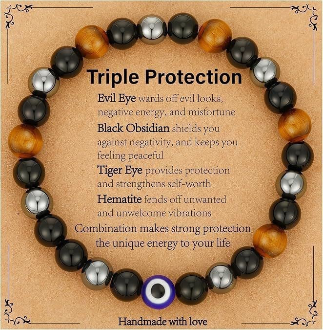 Triple Protection Bracelet | Black Obsidian Tiger Eye Hematite | 8mm Natural Stone | Spiritual Shield Gift