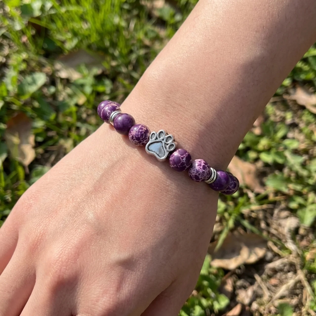Mystic Purple Imperial Jasper Bead Bracelet | Silver Paw Charm | Rescue Charity