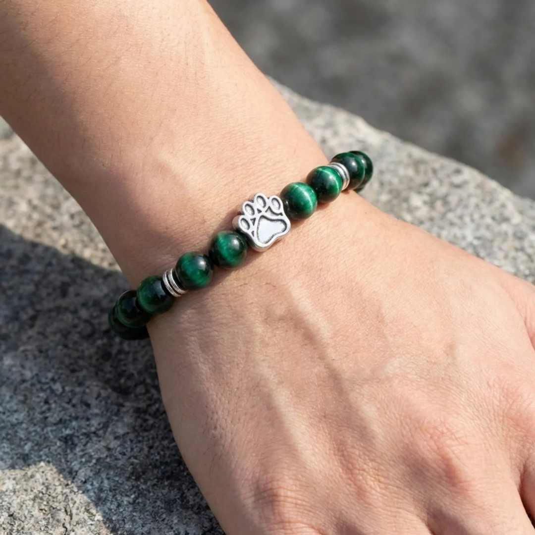 Canopy Green Tiger's Eye Bead Bracelet | Silver Paw Charm | Rescue Charity