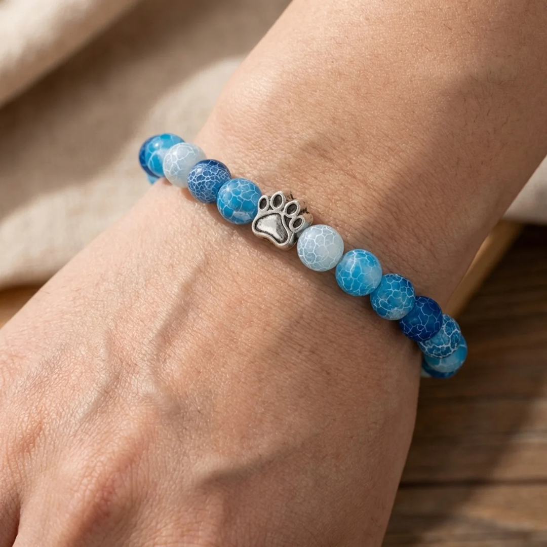 Cascade Blue Dragon Vein Agate Bead Bracelet | Silver Paw Charm | Rescue Charity