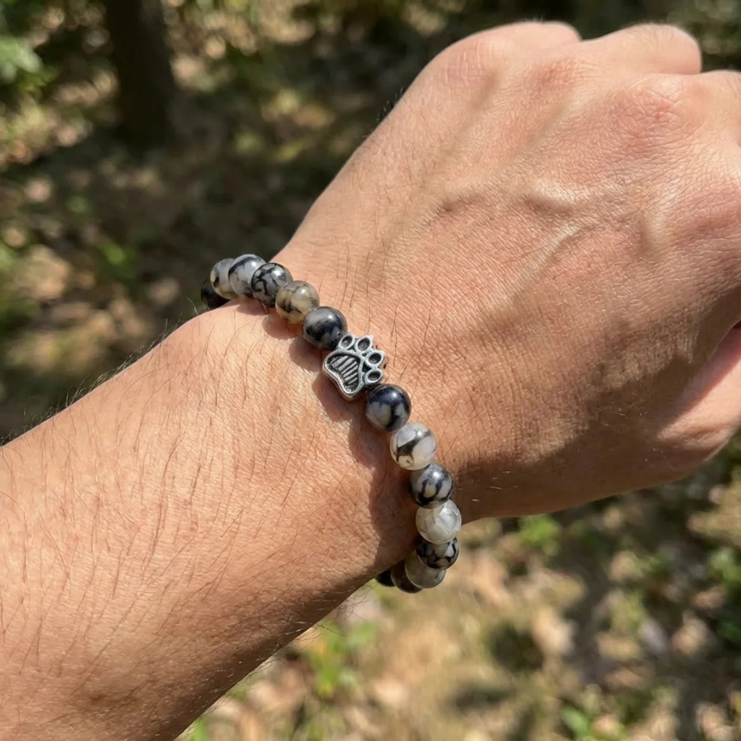 Cedar Black Spider Web Agate Bead Bracelet | Silver Paw Charm | Rescue Charity