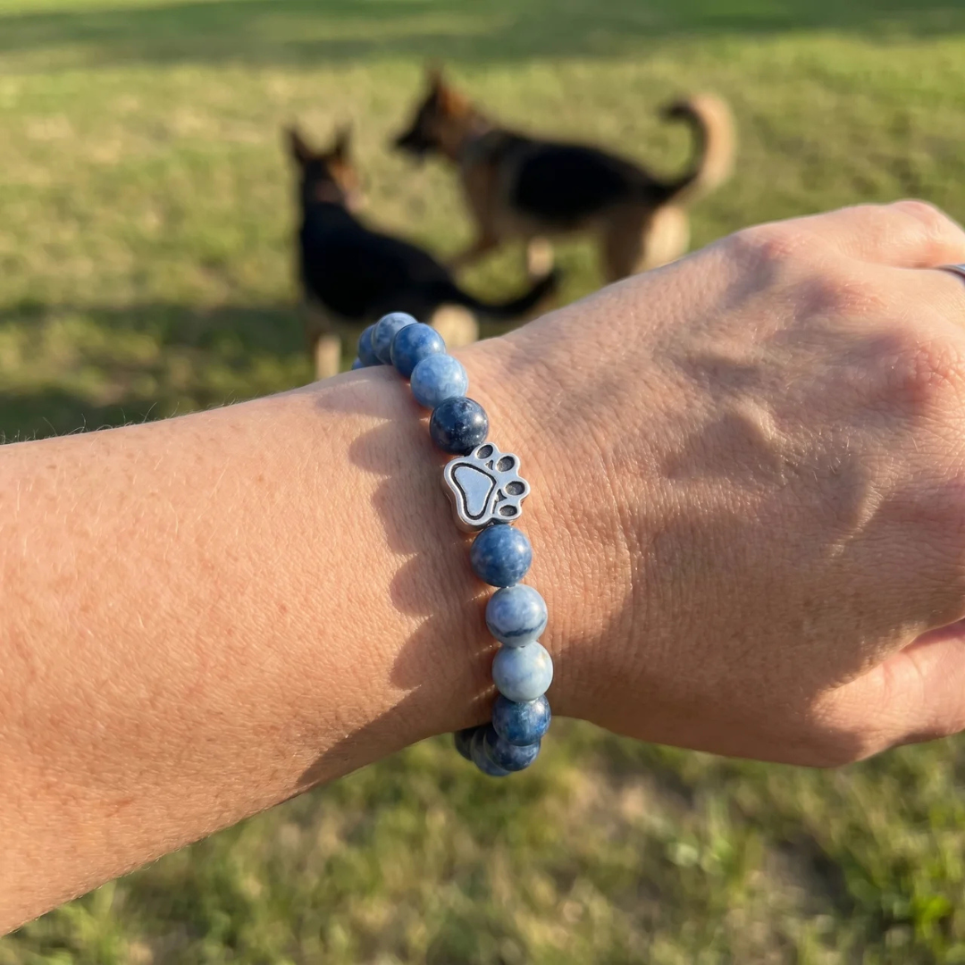 Wavy Blue Dumortierite Bead Bracelet | Silver Paw Charm | Rescue Charity