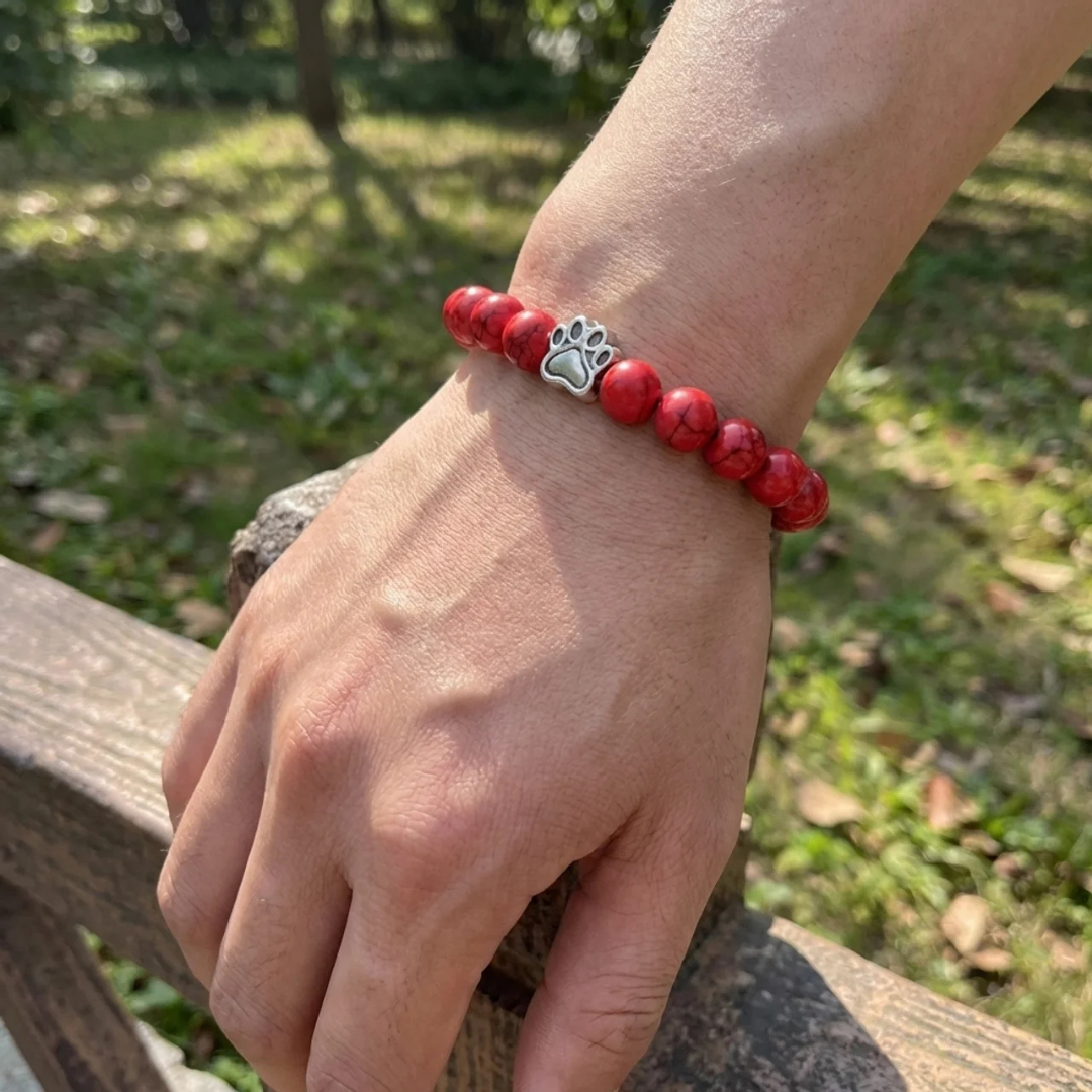 Crimson Red Turquoise Bead Bracelet | Silver Paw Charm | Rescue Charity