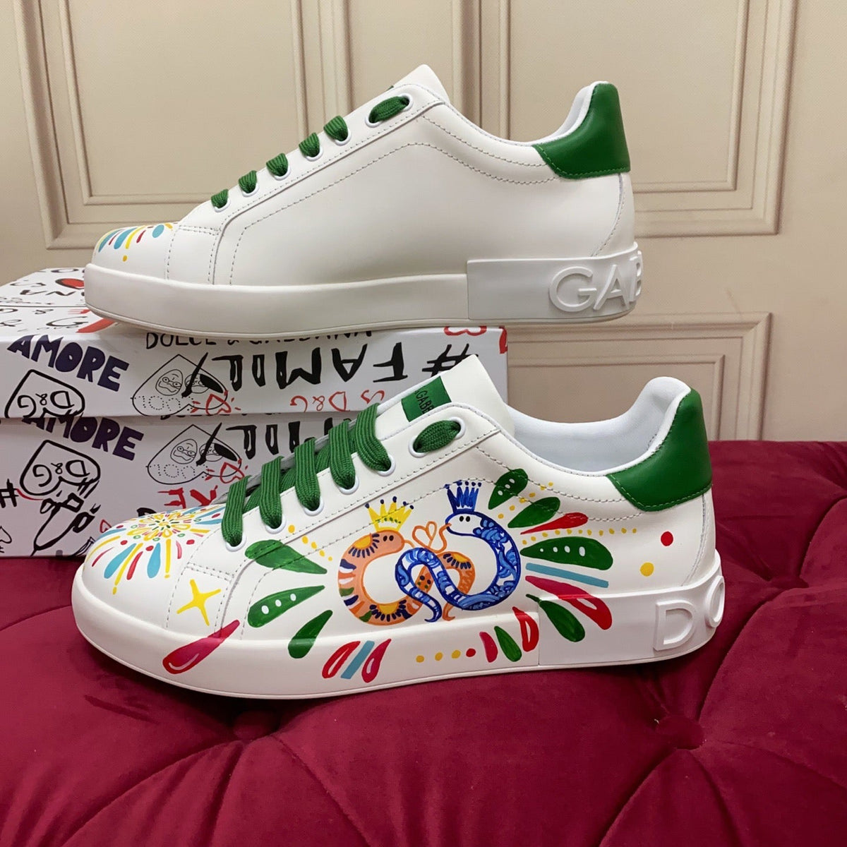 D*G  Premium Leather Casual Sneakers - Designer Unisex Shoes in White & White/Green