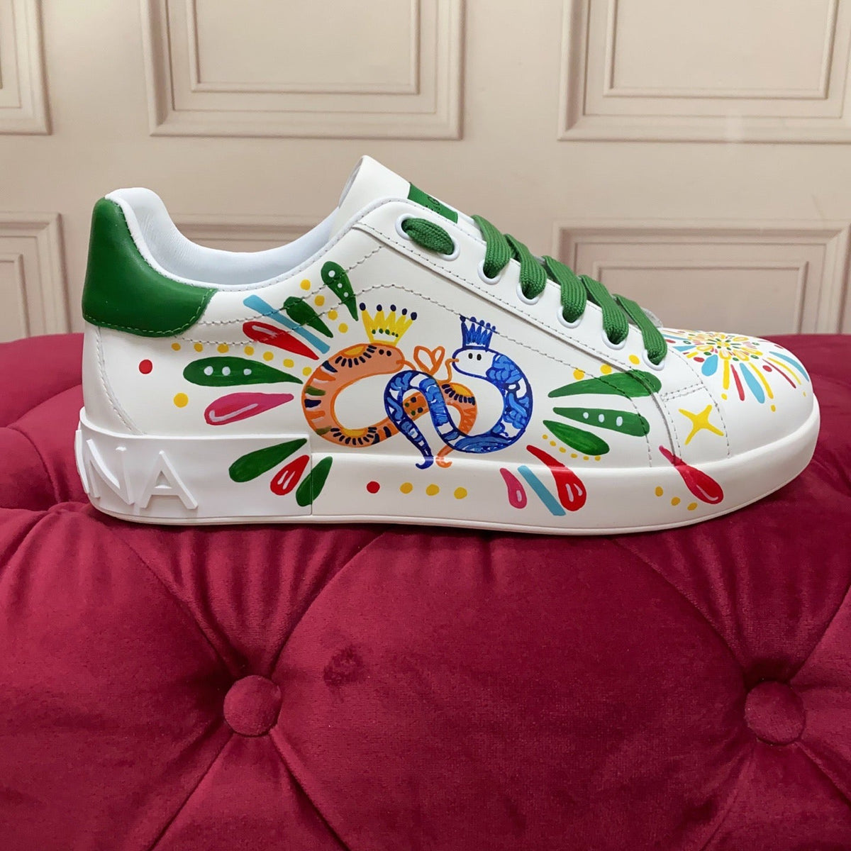 D*G  Premium Leather Casual Sneakers - Designer Unisex Shoes in White & White/Green