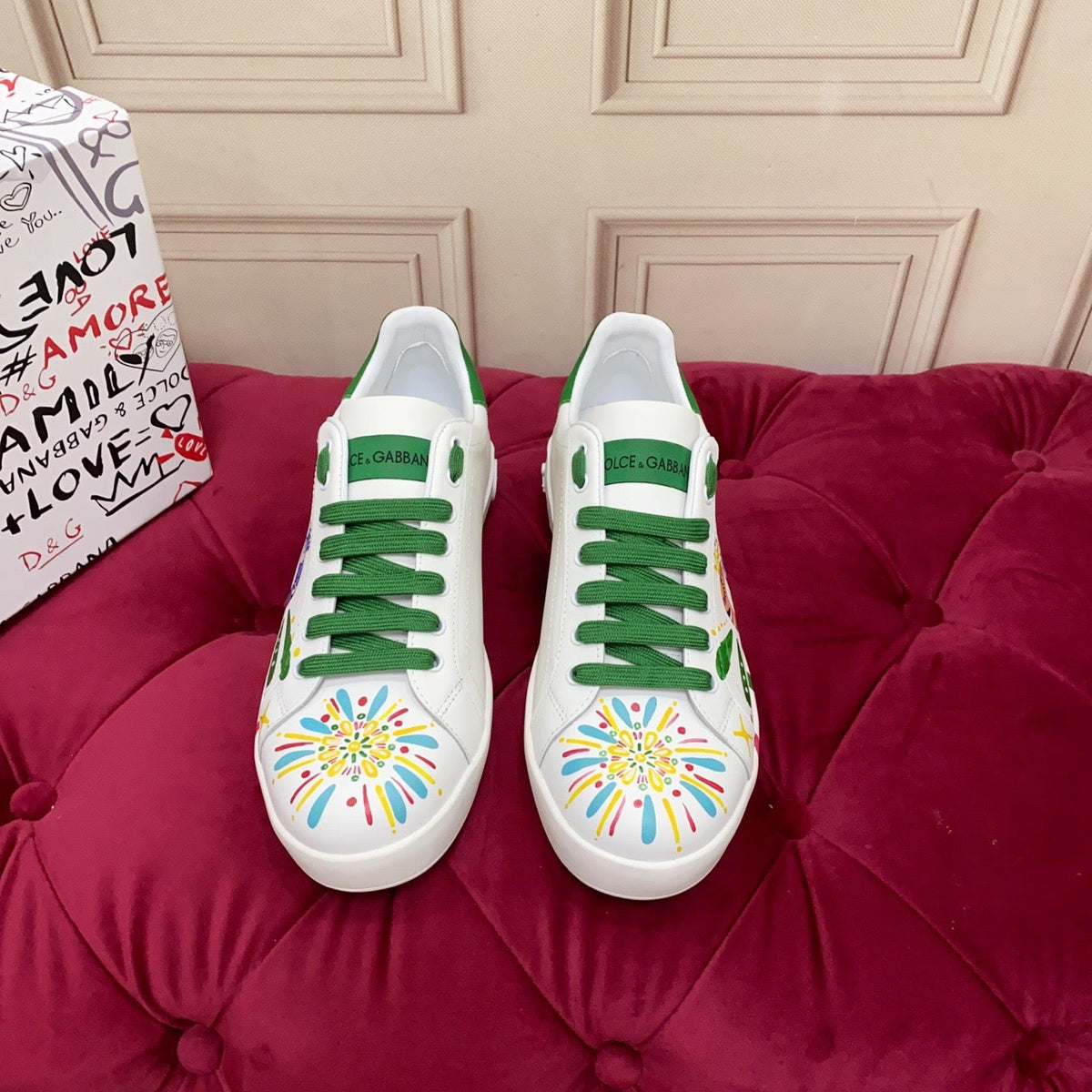 D*G  Premium Leather Casual Sneakers - Designer Unisex Shoes in White & White/Green