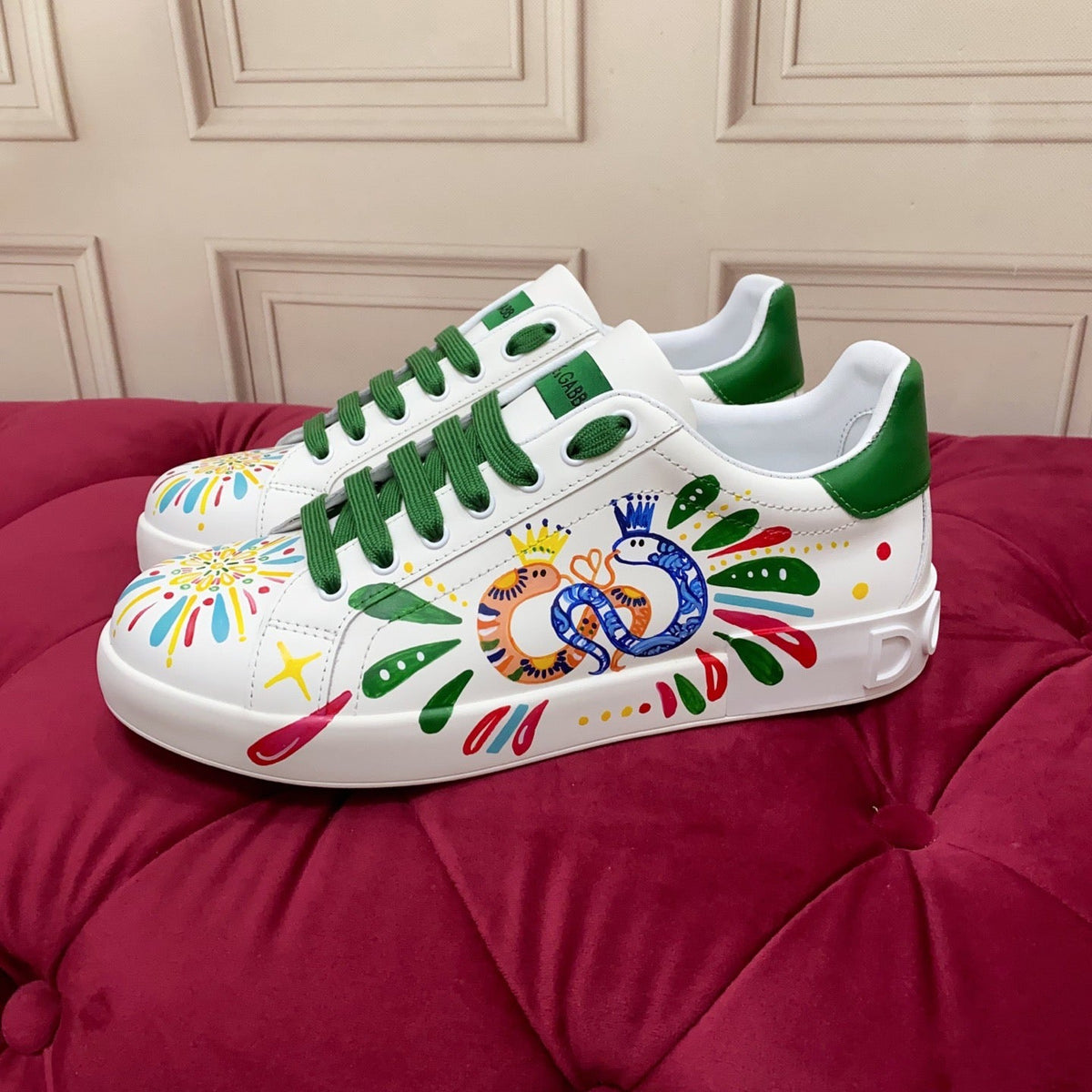 D*G  Premium Leather Casual Sneakers - Designer Unisex Shoes in White & White/Green
