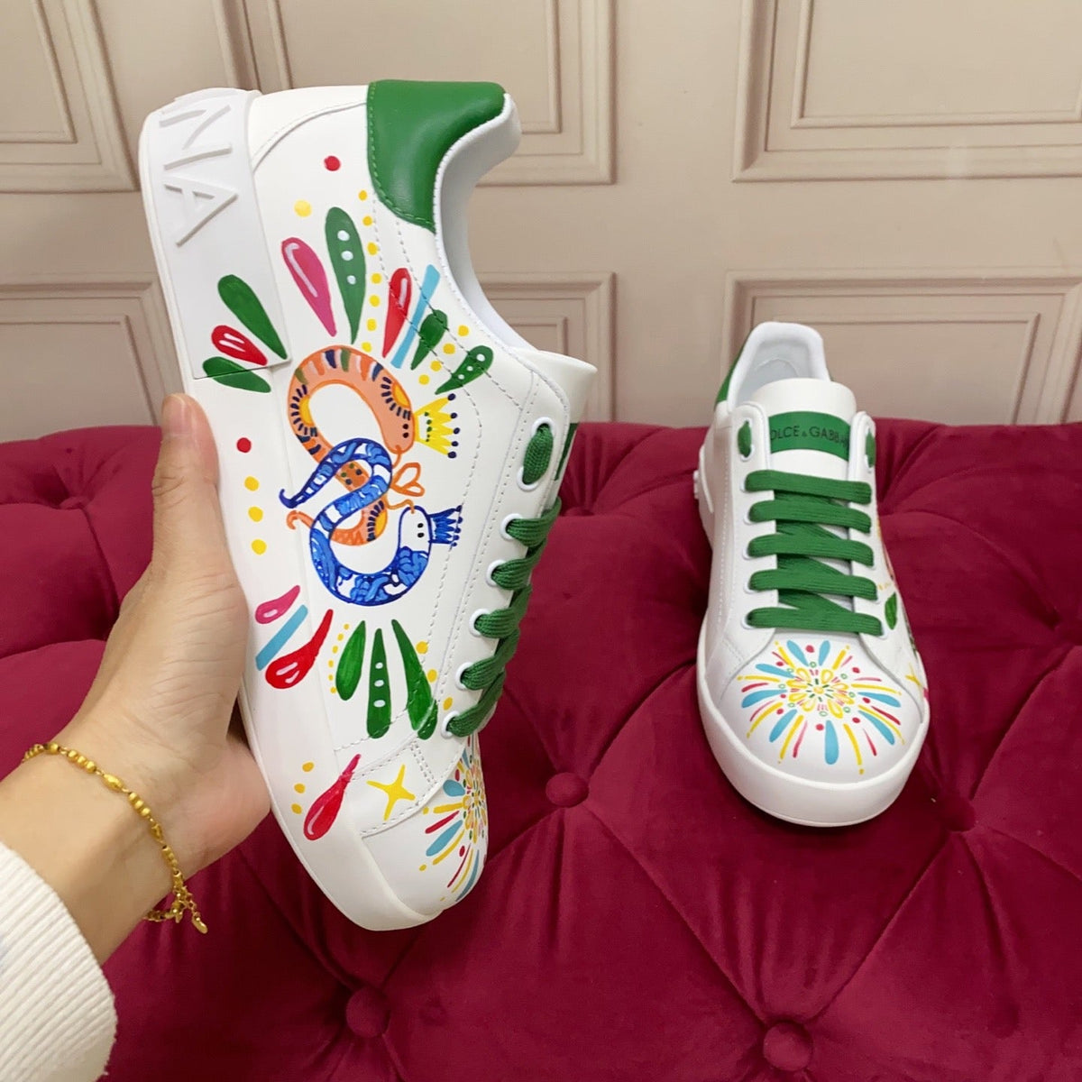 D*G  Premium Leather Casual Sneakers - Designer Unisex Shoes in White & White/Green