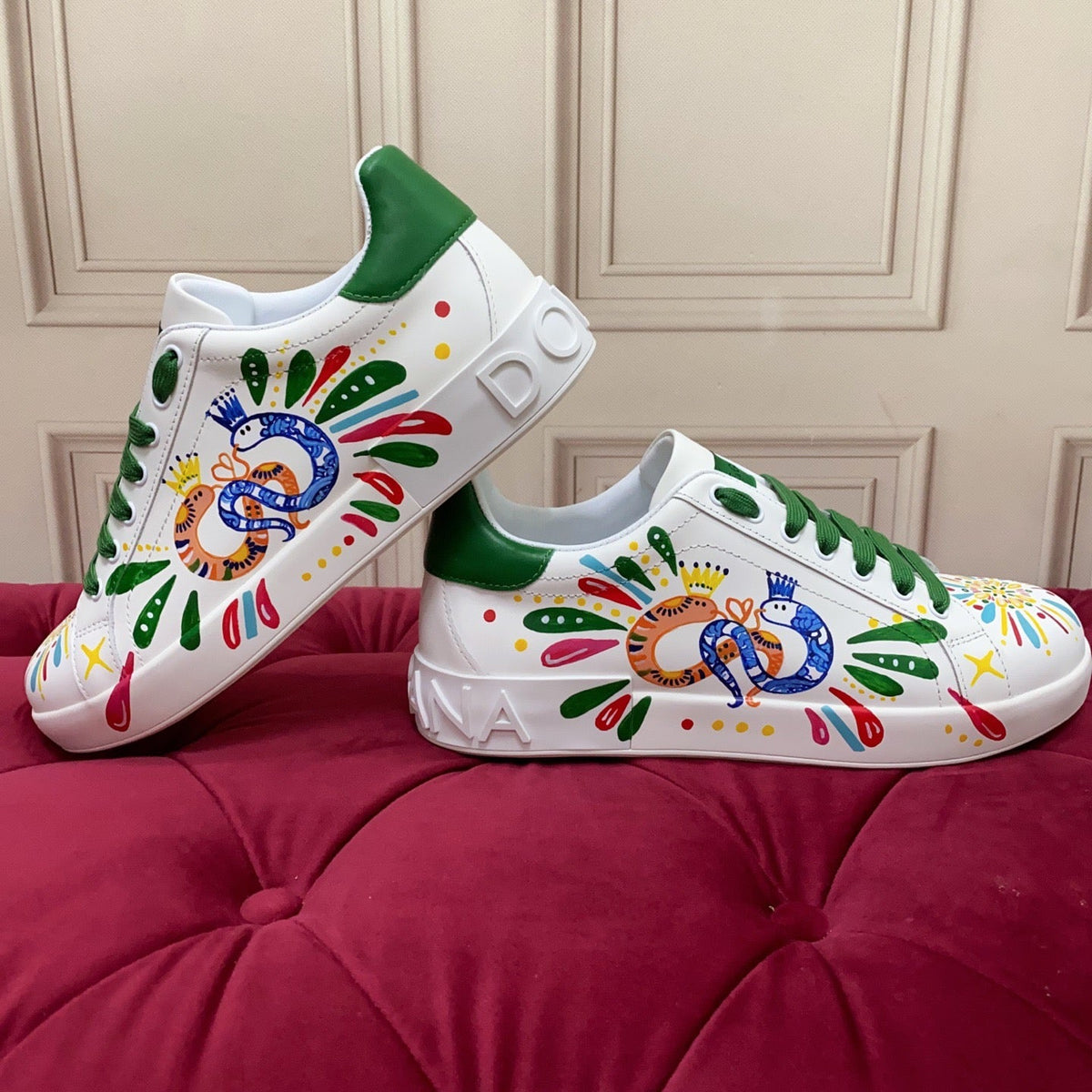 D*G  Premium Leather Casual Sneakers - Designer Unisex Shoes in White & White/Green