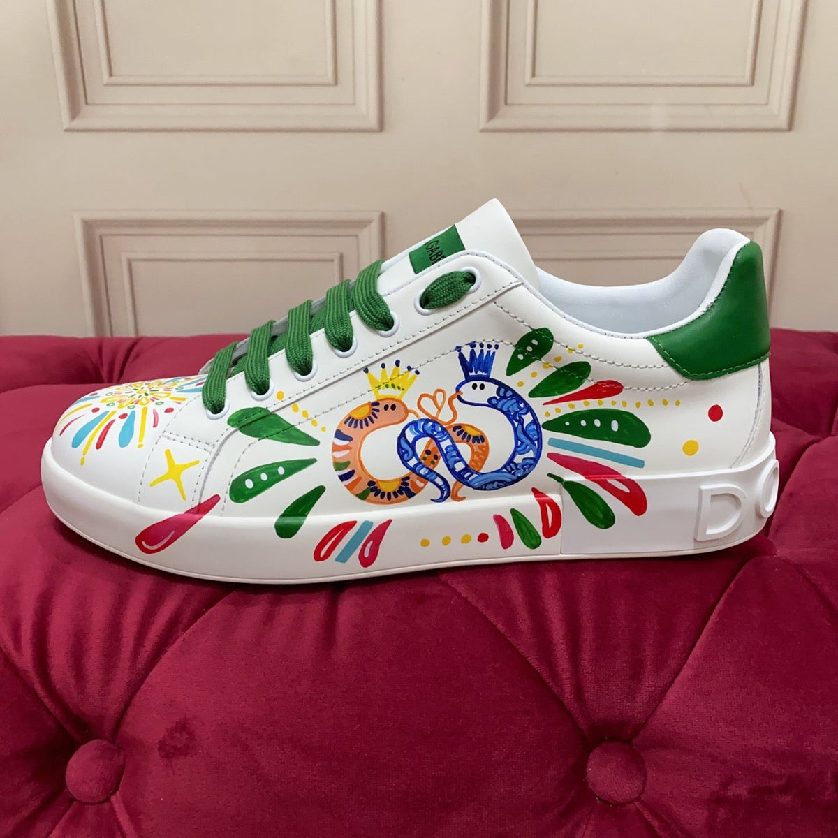 D*G  Premium Leather Casual Sneakers - Designer Unisex Shoes in White & White/Green