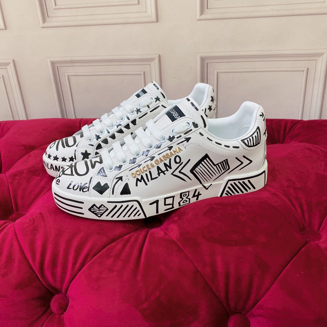D*G  Premium Leather Casual Sneakers - Designer Unisex Shoes in 2 White Styles