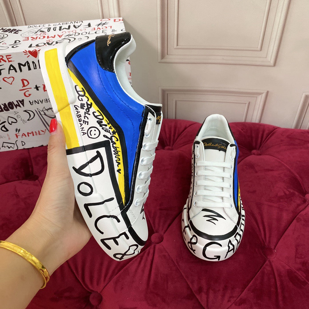 D*G  Premium Leather Casual Sneakers - Designer Unisex Shoes in White-Blue & White-Pink
