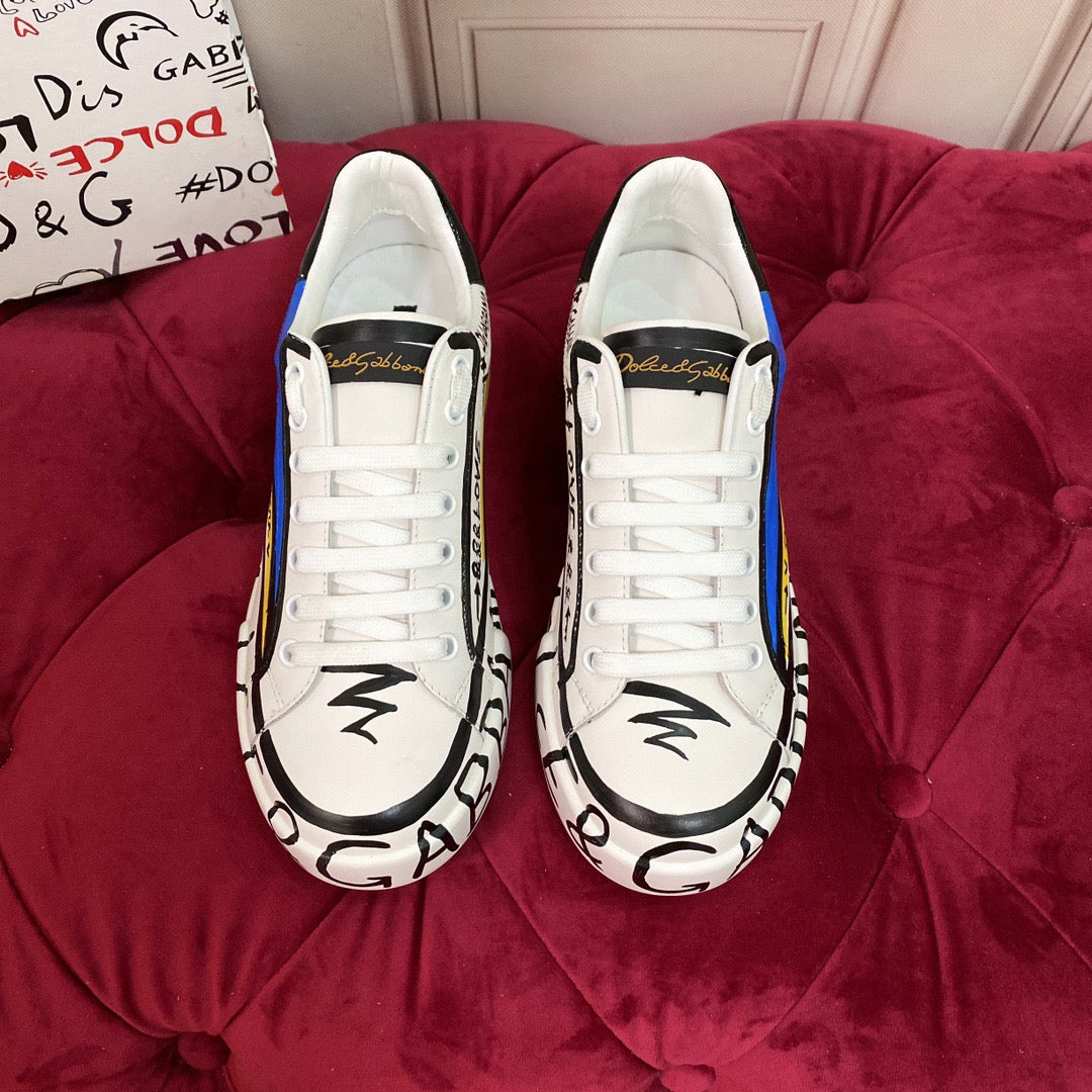 D*G  Premium Leather Casual Sneakers - Designer Unisex Shoes in White-Blue & White-Pink