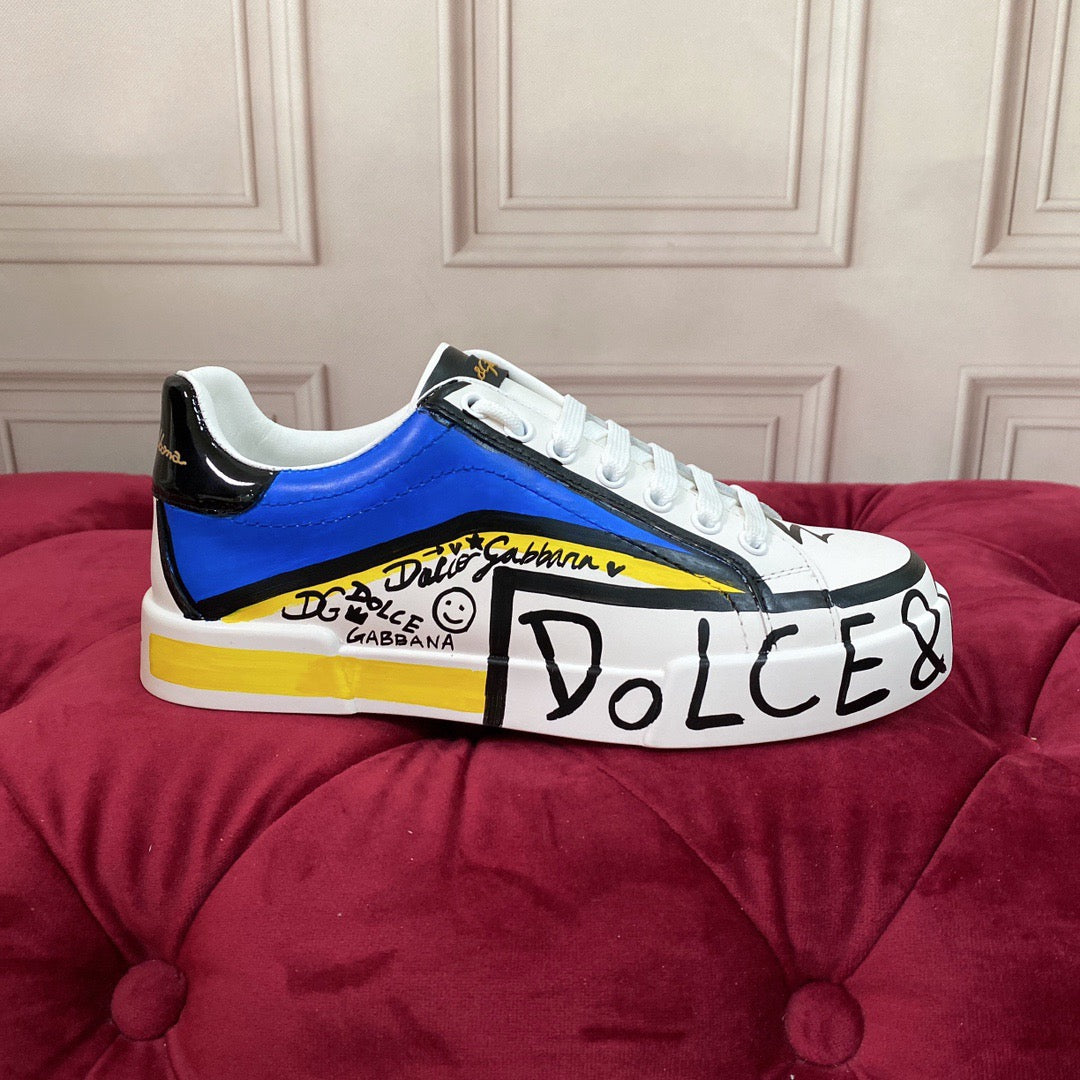 D*G  Premium Leather Casual Sneakers - Designer Unisex Shoes in White-Blue & White-Pink