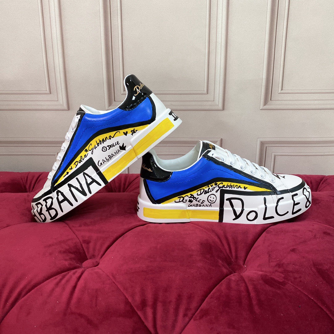 D*G  Premium Leather Casual Sneakers - Designer Unisex Shoes in White-Blue & White-Pink