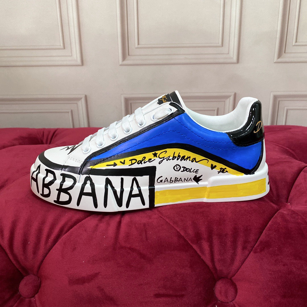 D*G  Premium Leather Casual Sneakers - Designer Unisex Shoes in White-Blue & White-Pink