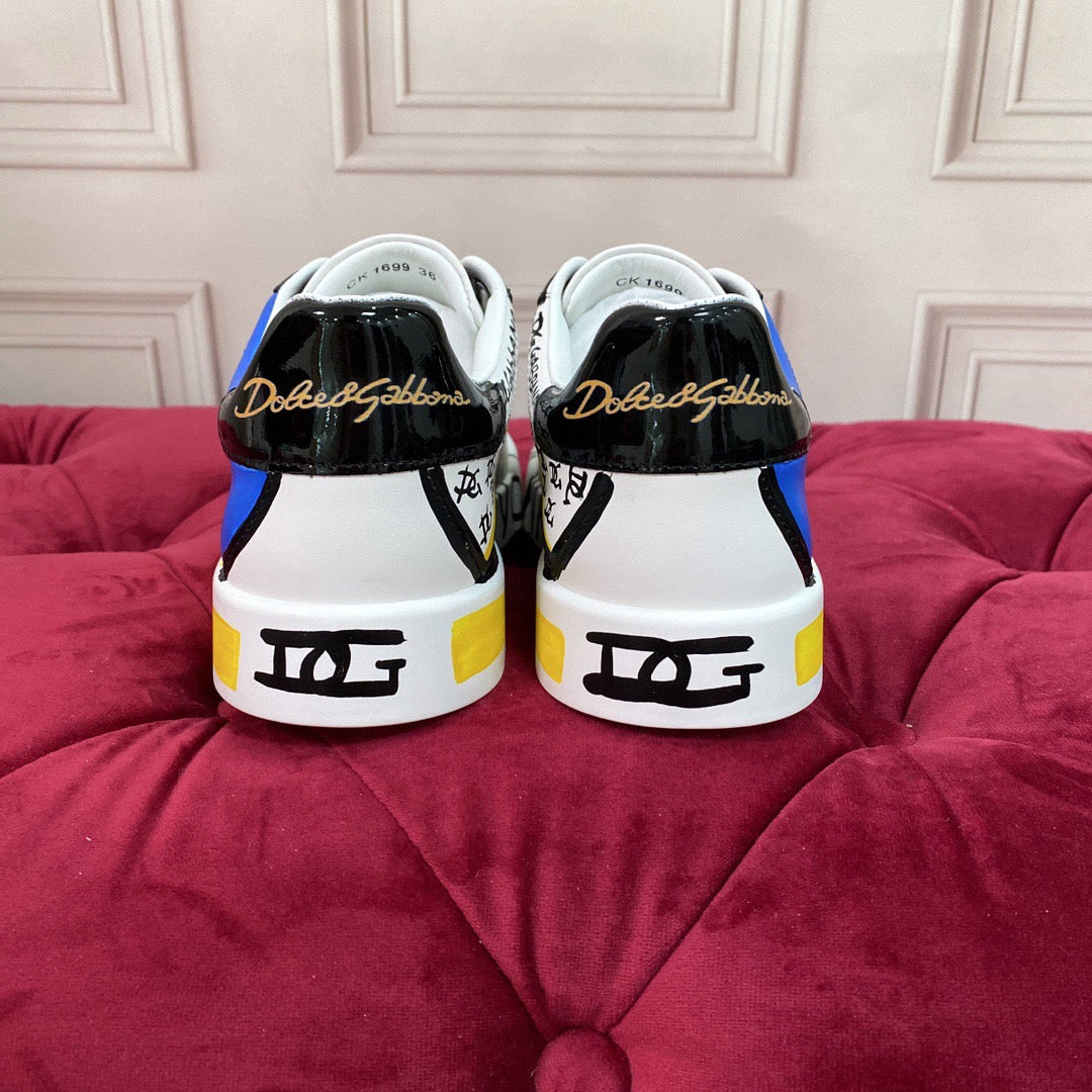 D*G  Premium Leather Casual Sneakers - Designer Unisex Shoes in White-Blue & White-Pink