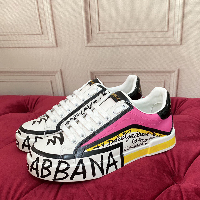 D*G  Premium Leather Casual Sneakers - Designer Unisex Shoes in White-Blue & White-Pink