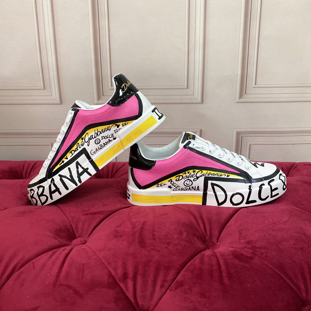 D*G  Premium Leather Casual Sneakers - Designer Unisex Shoes in White-Blue & White-Pink